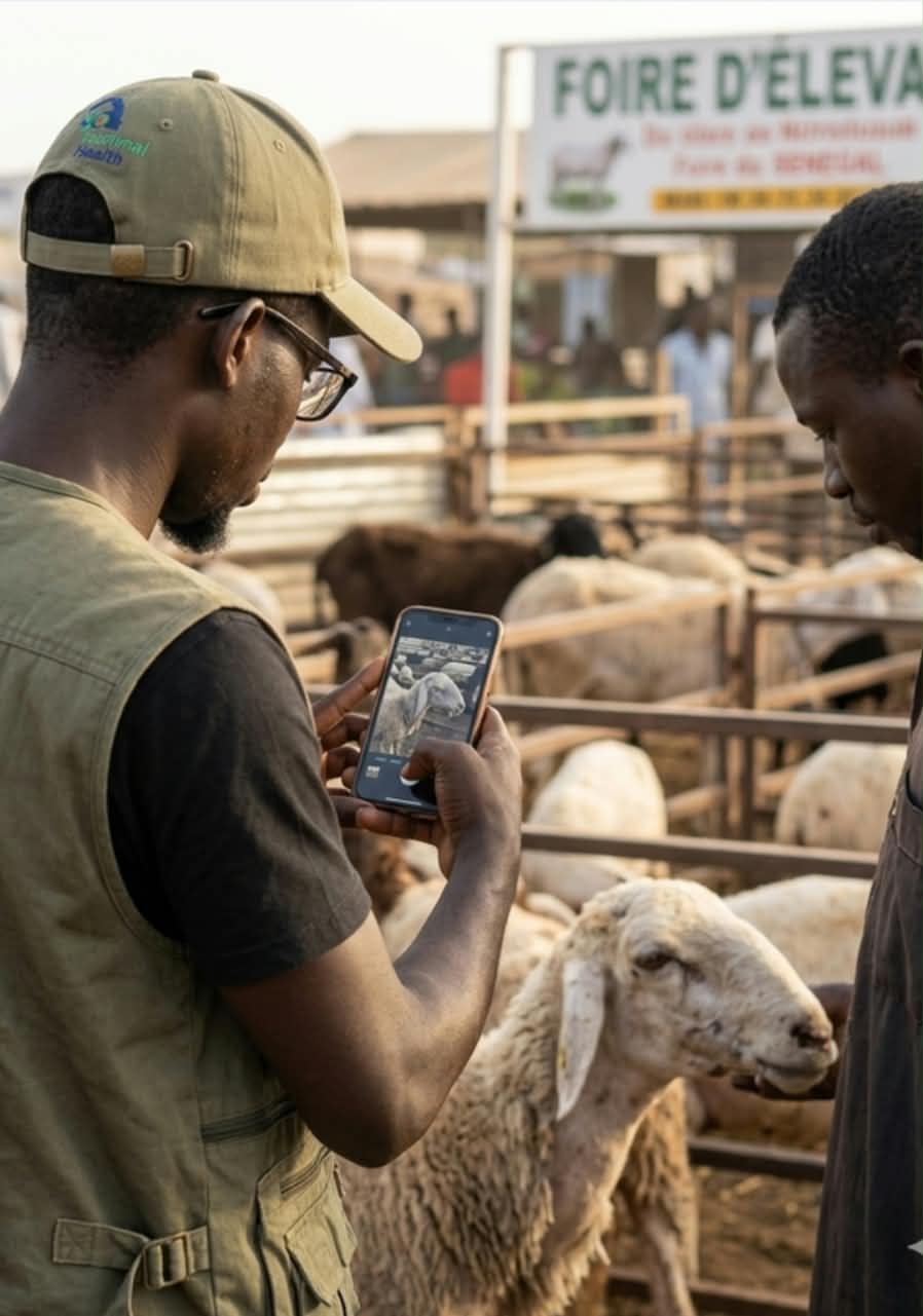 Un technicien et un éleveur discutent en regardant un smartphone, à la foire d'élevage